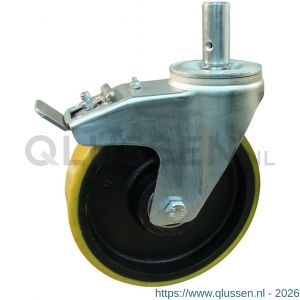 Protempo serie 28-91 zwenk transportwiel pen dubbele rem naloop stalen gaffel gietijzeren velg PU band ± 94 shore A 200 mm kogellager 228.206.915.528