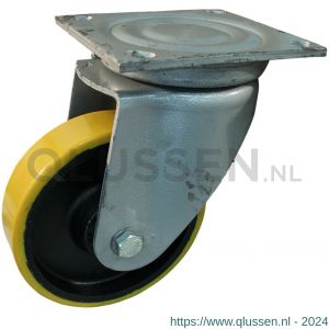 Protempo serie 28-09 zwenk transportwiel plaatbevestiging stalen gaffel gietijzeren velg PU band ± 94 shore A 250 mm kogellager 228.256.096.060