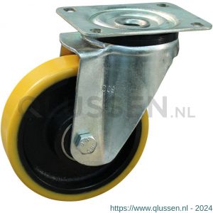 Protempo serie 28-11 zwenk transportwiel plaatbevestiging stalen gaffel gietijzeren velg PU band ± 94 shore A 250 mm kogellager 228.256.116.000