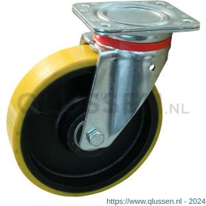 Protempo serie 28-17 zwenk transportwiel plaatbevestiging stalen gaffel gietijzeren velg PU band ± 94 shore A 250 mm kogellager 228.256.176.050