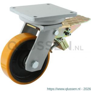 Protempo serie 28-20 zwenk transportwiel plaatbevestiging enkele rem stalen gaffel gietijzeren velg PU band ± 94 shore A 250 mm kogellager 228.256.206.680