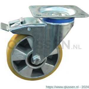 Protempo serie 29-12 zwenk transportwiel plaatbevestiging dubbele rem naloop stalen gaffel aluminium velg PU band ± 94 shore A 100 mm kogellager 229.106.126.530