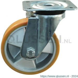 Protempo serie 29-91 zwenk transportwiel plaatbevestiging stalen gaffel aluminium velg PU band ± 94 shore A 100 mm kogellager 229.106.916.030