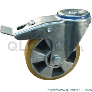 Protempo serie 29-12 zwenk transportwiel boutgat dubbele rem naloop stalen gaffel aluminium velg PU band ± 94 shore A 125 mm kogellager 229.126.120.540