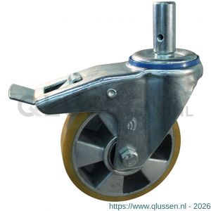 Protempo serie 29-12 zwenk transportwiel pen dubbele rem naloop stalen gaffel aluminium velg PU band ± 94 shore A 125 mm kogellager 229.126.125.528