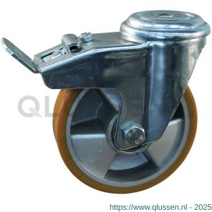 Protempo serie 29-91 zwenk transportwiel boutgat dubbele rem naloop stalen gaffel aluminium velg PU band ± 94 shore A 125 mm kogellager 229.126.910.530