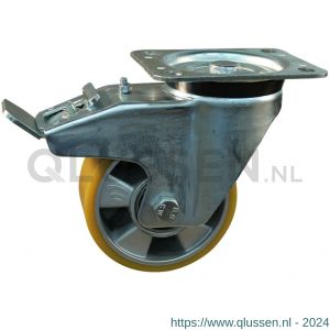 Protempo serie 29-91 zwenk transportwiel plaatbevestiging dubbele rem voorloop stalen gaffel aluminium velg PU band ± 94 shore A 125 mm kogellager 229.126.916.330