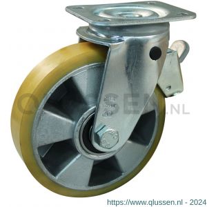 Protempo serie 29-11 zwenk transportwiel plaatbevestiging dubbele rem voorloop stalen gaffel aluminium velg PU band ± 94 shore A 150 mm kogellager 229.156.116.340