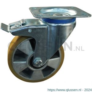 Protempo serie 29-12 zwenk transportwiel plaatbevestiging dubbele rem naloop stalen gaffel aluminium velg PU band ± 94 shore A 150 mm kogellager 229.156.126.550