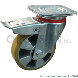 Protempo serie 19-17 zwenk transportwiel plaatbevestiging dubbele rem naloop stalen gaffel aluminium velg PU band ± 94 shore A 160 mm kogellager 229.166.176.550