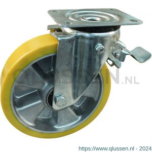 Protempo serie 29-11 zwenk transportwiel plaatbevestiging dubbele rem voorloop stalen gaffel aluminium velg PU band ± 94 shore A 200 mm kogellager 229.206.116.350