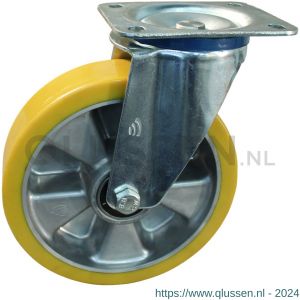 Protempo serie 29-12 zwenk transportwiel plaatbevestiging stalen gaffel aluminium velg PU band ± 94 shore A 200 mm kogellager 229.206.126.050