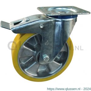 Protempo serie 29-12 zwenk transportwiel plaatbevestiging dubbele rem naloop stalen gaffel aluminium velg PU band ± 94 shore A 200 mm kogellager 229.206.126.550