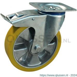 Protempo serie 29-15 zwenk transportwiel plaatbevestiging dubbele rem naloop stalen gaffel aluminium velg PU band ± 94 shore A 200 mm kogellager 229.206.156.550