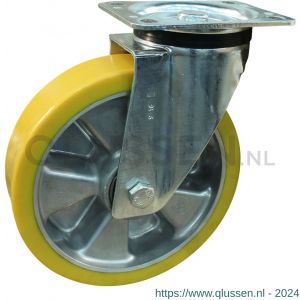 Protempo serie 29-91 zwenk transportwiel plaatbevestiging stalen gaffel aluminium velg PU band ± 94 shore A 250 mm kogellager 229.256.916.060