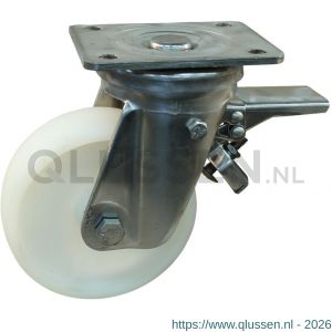 Protempo serie 33-36 zwenk transportwiel plaatbevestiging dubbele rem voorloop RVS gaffel naturel PA (of PP) 125 mm glijlager 233.121.366.350