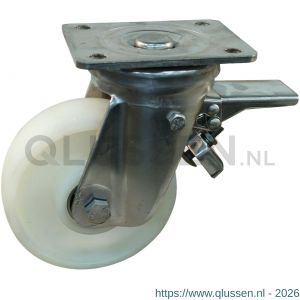 Protempo serie 33-36 zwenk transportwiel plaatbevestiging dubbele rem voorloop RVS gaffel naturel PA (of PP) 125 mm kogellager RVS 233.128.366.350