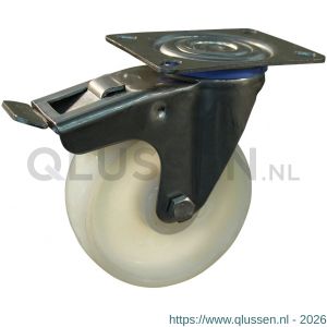 Protempo serie 34-30 zwenk transportwiel plaatbevestiging dubbele rem naloop RVS gaffel naturel PP (of PA) 80 mm rollager RVS 234.089.306.530