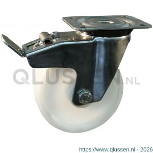 Protempo serie 34-31 zwenk transportwiel plaatbevestiging dubbele rem naloop RVS gaffel naturel PP (of PA) 80 mm rollager RVS 234.089.316.530