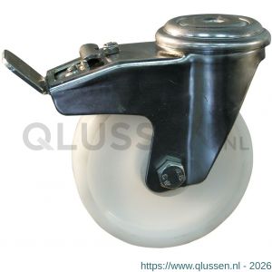 Protempo serie 34-31 zwenk transportwiel boutgat dubbele rem naloop RVS gaffel naturel PP (of PA) 100 mm rollager RVS 234.109.310.512