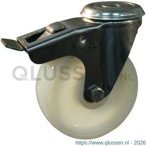 Protempo serie 34-30 zwenk transportwiel boutgat dubbele rem naloop RVS gaffel naturel PP (of PA) 150 mm rollager RVS 234.159.300.516
