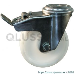Protempo serie 34-30 zwenk transportwiel boutgat dubbele rem naloop RVS gaffel naturel PP (of PA) 150 mm rollager RVS 234.159.310.516