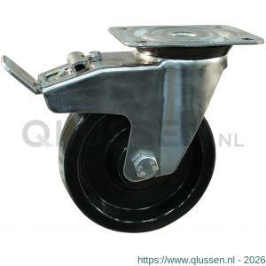 Protempo serie 35-31 zwenk transportwiel plaatbevestiging dubbele rem naloop RVS gaffel zwart hittebestendig van Ditherm 200 mm glijlager 235.201.316.500