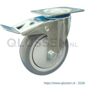 Protempo serie 36-12 zwenk transportwiel plaatbevestiging dubbele rem naloop stalen gaffel grijze PP velg grijze PVC band ± 82 shore A 100 mm kogellager 236.106.126.500