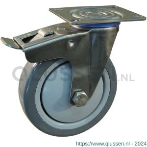 Protempo serie 36-30 zwenk transportwiel plaatbevestiging dubbele rem naloop RVS gaffel grijze PP velg grijze PVC band ± 82 shore A 100 mm kogellager 236.106.306.500