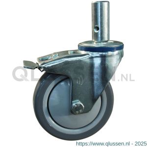 Protempo serie 36-12 zwenk transportwiel pen dubbele rem naloop stalen gaffel grijze PP velg grijze PVC band ± 82 shore A 125 mm kogellager 236.126.125.527