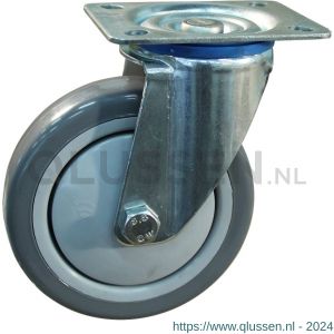 Protempo serie 36-12 zwenk transportwiel plaatbevestiging stalen gaffel grijze PP velg grijze PVC band ± 82 shore A 125 mm kogellager 236.126.126.000