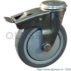 Protempo serie 36-30 zwenk transportwiel boutgat dubbele rem naloop RVS gaffel grijze PP velg grijze PVC band ± 82 shore A 125 mm kogellager 236.126.300.500
