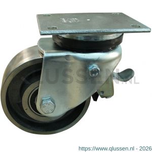 Protempo serie 45-14 zwenk transportwiel plaatbevestiging enkele rem stalen gaffel gietijzeren 130 mm kogellager 245.136.146.650