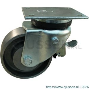 Protempo serie 45-14 zwenk transportwiel plaatbevestiging enkele rem stalen gaffel gietijzeren 150 mm glijlager 245.151.146.650