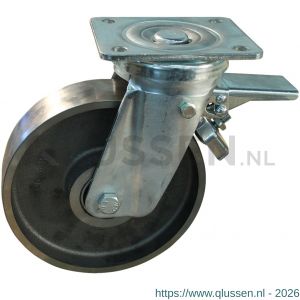 Protempo serie 45-18 zwenk transportwiel plaatbevestiging dubbele rem voorloop stalen gaffel gietijzeren 200 mm glijlager 245.201.186.350