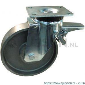 Protempo serie 45-19 zwenk transportwiel plaatbevestiging dubbele rem voorloop stalen gaffel gietijzeren 200 mm glijlager 245.201.196.350