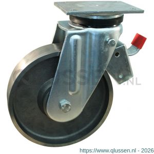 Protempo serie 45-14 zwenk transportwiel plaatbevestiging enkele rem stalen gaffel gietijzeren 250 mm kogellager 245.256.146.650