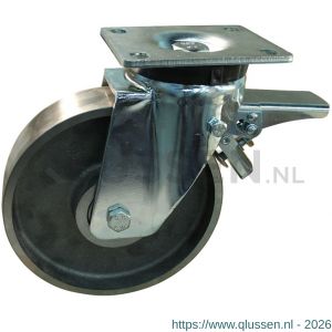 Protempo serie 45-19 zwenk transportwiel plaatbevestiging dubbele rem voorloop stalen gaffel gietijzeren 250 mm kogellager 245.256.196.350