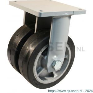 Protempo serie 04-21 bok transportwiel plaatbevestiging stalen gaffel gietijzeren velg zwarte elastische rubberen band ± 70 shore A dubbel 200 mm kogellager 304.206.216.060