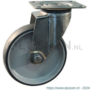 Protempo serie 66 zwenk apparatenwiel plaatbevestiging RVS gaffel grijze PA velg TPE band 100 mm glijlager 466.101.386.000