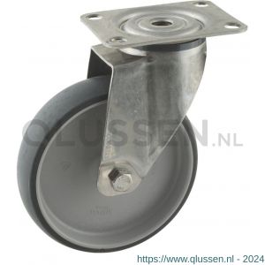 Protempo serie 66-38 zwenk apparatenwiel plaatbevestiging RVS gaffel grijze PA velg TPE band 125 mm glijlager 466.121.386.000