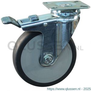 Protempo serie 66-51 apparatenwiel zwenk plaatbevestiging dubbele rem licht stalen gaffel grijze PA velg TPE band 125 mm kogellager 466.126.516.400