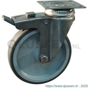 Protempo serie 68-37 zwenk apparatenwiel plaatbevestiging dubbele rem voorloop RVS gaffel grijze PA velg TPE band 50 mm glijlager 468.501.376.300