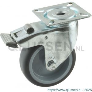 Protempo serie 68-60 zwenk apparatenwiel plaatbevestiging dubbele rem voorloop stalen gaffel grijze PP velg TPE band 75 mm glijlager 468.751.606.300