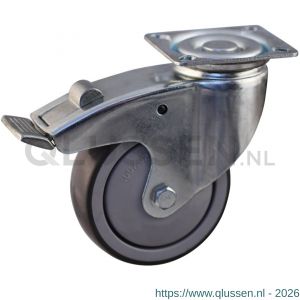 Protempo serie 69-61 zwenk apparatenwiel plaatbevestiging dubbele rem voorloop stalen gaffel grijze PP velg TPE band 100 mm kogellager 469.106.616.300