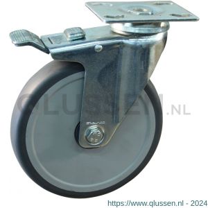 Protempo serie 74-51 zwenk apparatenwiel plaatbevestiging dubbele rem voorloop stalen gaffel grijze PA velg TPU band 150 mm kogellager 474.156.516.300