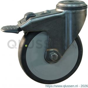 Protempo serie 93-38 zwenk apparatenwiel boutgat dubbele rem voorloop RVS gaffel grijze PP velg electrisch geleidend TPE loopvlak 100 mm kogellager 493.106.380.300