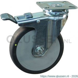 Protempo serie 93-51 zwenk apparatenwiel plaatbevestiging dubbele rem licht stalen gaffel grijze PP velg electrisch geleidend TPE loopvlak 100 mm kogellager 493.106.516.400