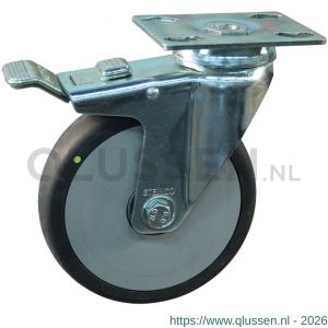 Protempo serie 93-51 zwenk apparatenwiel plaatbevestiging dubbele rem voorloop stalen gaffel grijze PP velg electrisch geleidend TPE loopvlak 125 mm kogellager 493.126.516.300