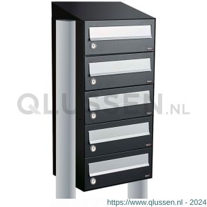 Allux Hive set postkast staal verzinkt gepoedercoat 1-breed 5-hoog met dak op statief zwart 40030070_1x5ds